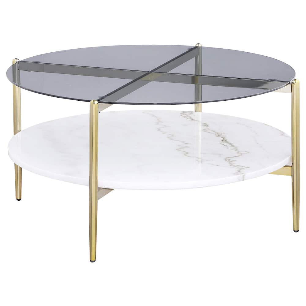 Coaster Co. of America - Jonelle Round Glass Top Coffee Table White Marble Shelf Gold - Gray