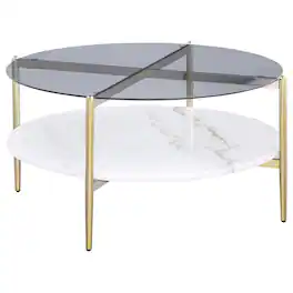 Coaster Co. of America - Jonelle Round Glass Top Coffee Table White Marble Shelf Gold - Gray