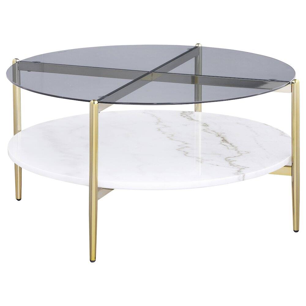 Front. Coaster Co. of America - Jonelle Round Glass Top Coffee Table White Marble Shelf Gold - Gray.