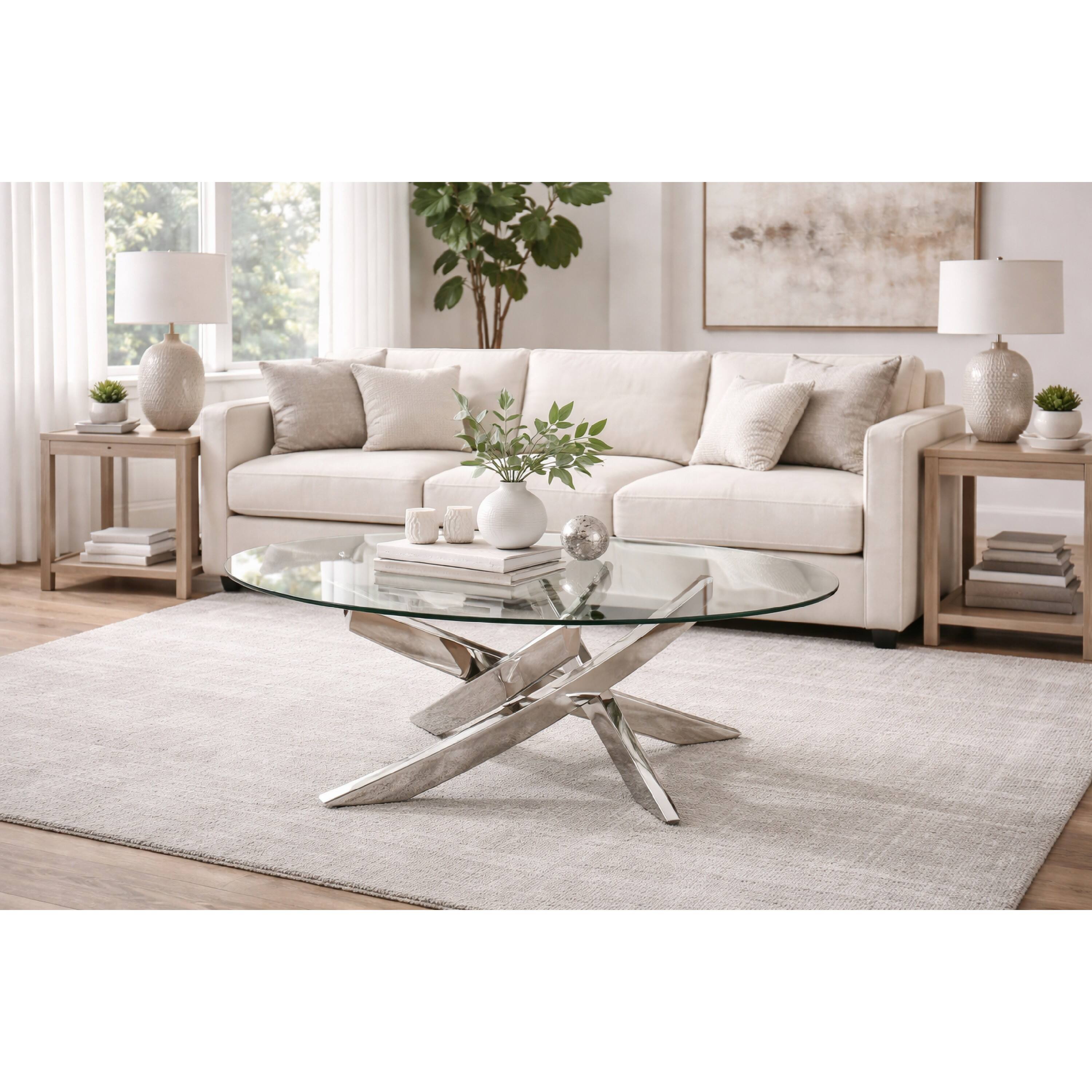 Alt View 8. Manhattan Lane - Oval Shape Glass Top Coffee Table with Criss Cross Base - Silver and Clear.