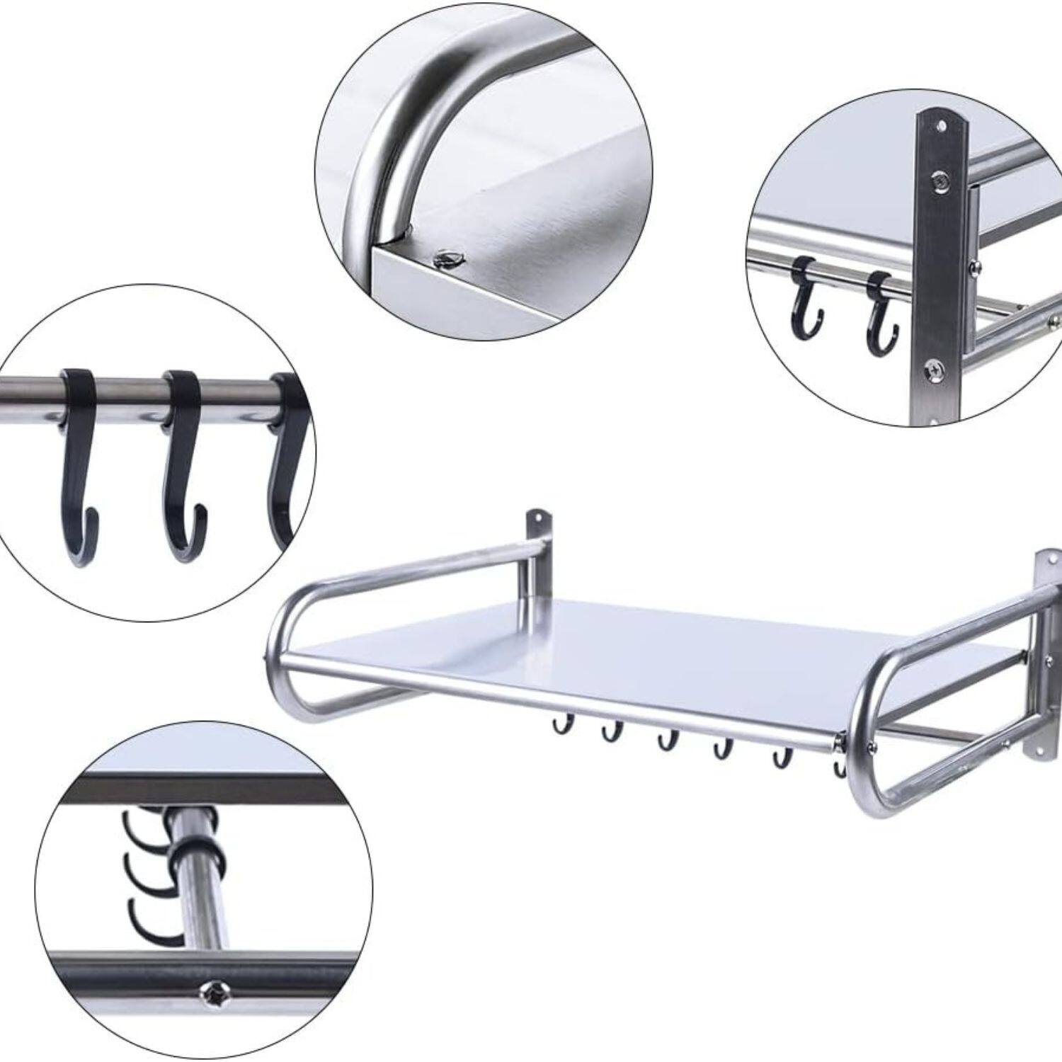 Back. Stock Preferred - Wall-Mount Stainless Steel Microwave Oven Rack Shelf with 6 Hooks - Silver.