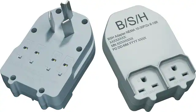 The text on the image is a description of the electrical components, which include a fuse, a plug, and a transformer. The fuse is rated for 250V and has a 6A capacity. The plug is a 2x 6-15R, which means it has two outlets and is compatible with 6-15R plugs. The transformer is a BSH Adapter, which is designed to convert the voltage and/or current of an electrical system. The text also includes a cautionary note to use the adapter only with a 250V fuse.