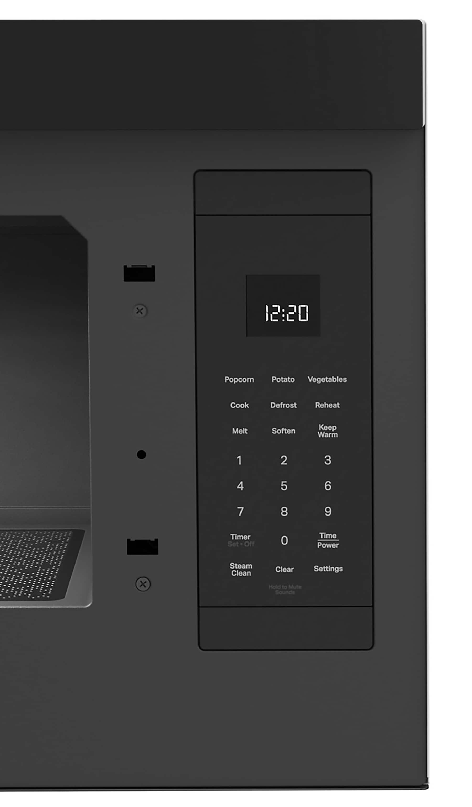 The text on the image reads:
12:20 Popcorn Potato Vegetables Cook Defrost Reheat Melt Soften Keep Warm 1 2 3 4 5 6 7 8 9 Timer Set off 0 Time Power x Steam Clean Clear Settings Hold to Mute Sounds