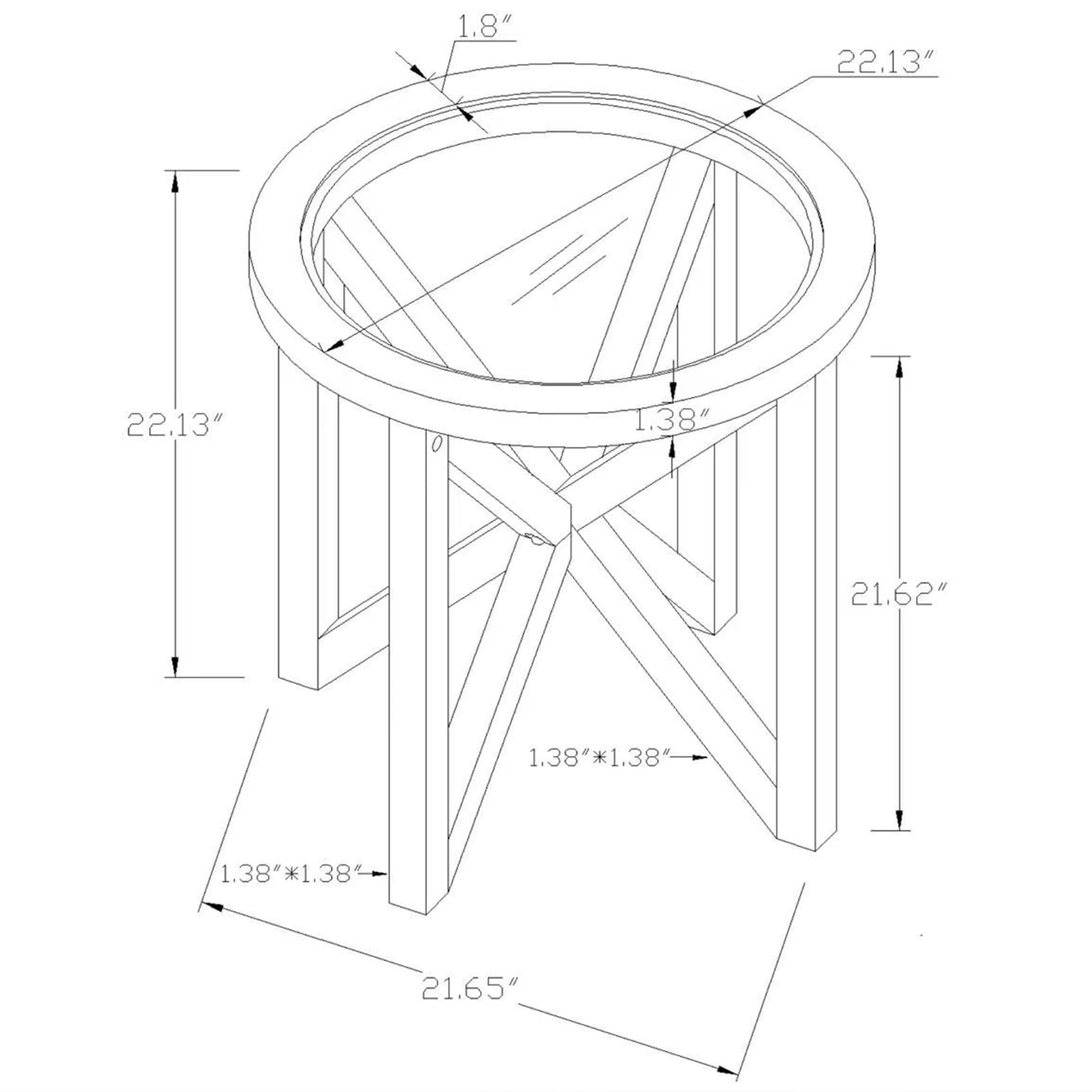 1.8"  
22.13"  
22.13"  
1.38"  
21.62"  
1.38"  
1.38"  
21.65"  
1.38" x 1.38"  
21.65"