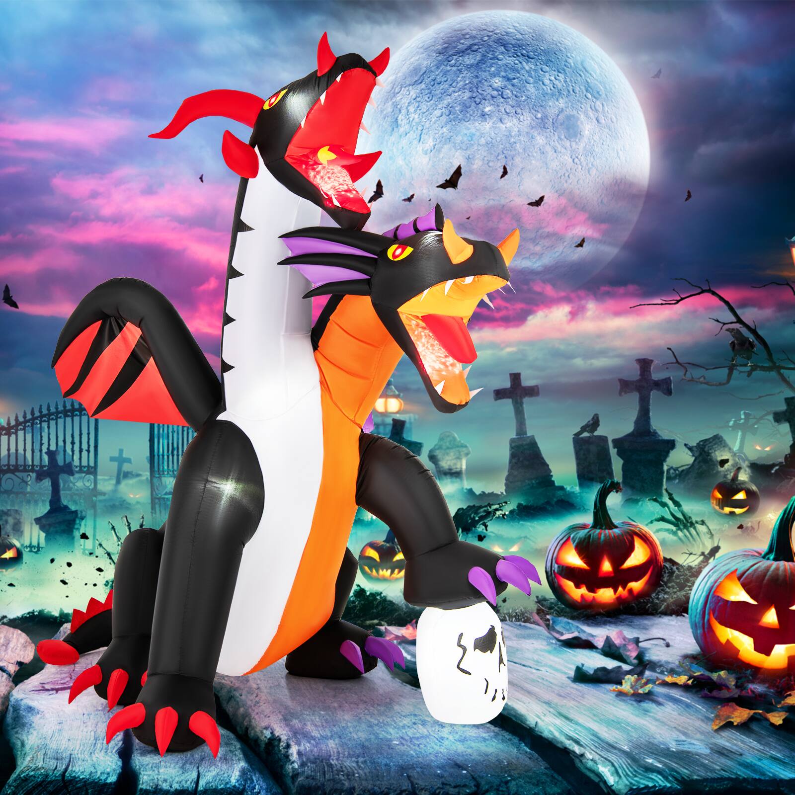 Alt View 15. Costway - 8 FT Inflatable Twin-Headed Dragon Decoration Giant Halloween Inflatables - Multicolor.