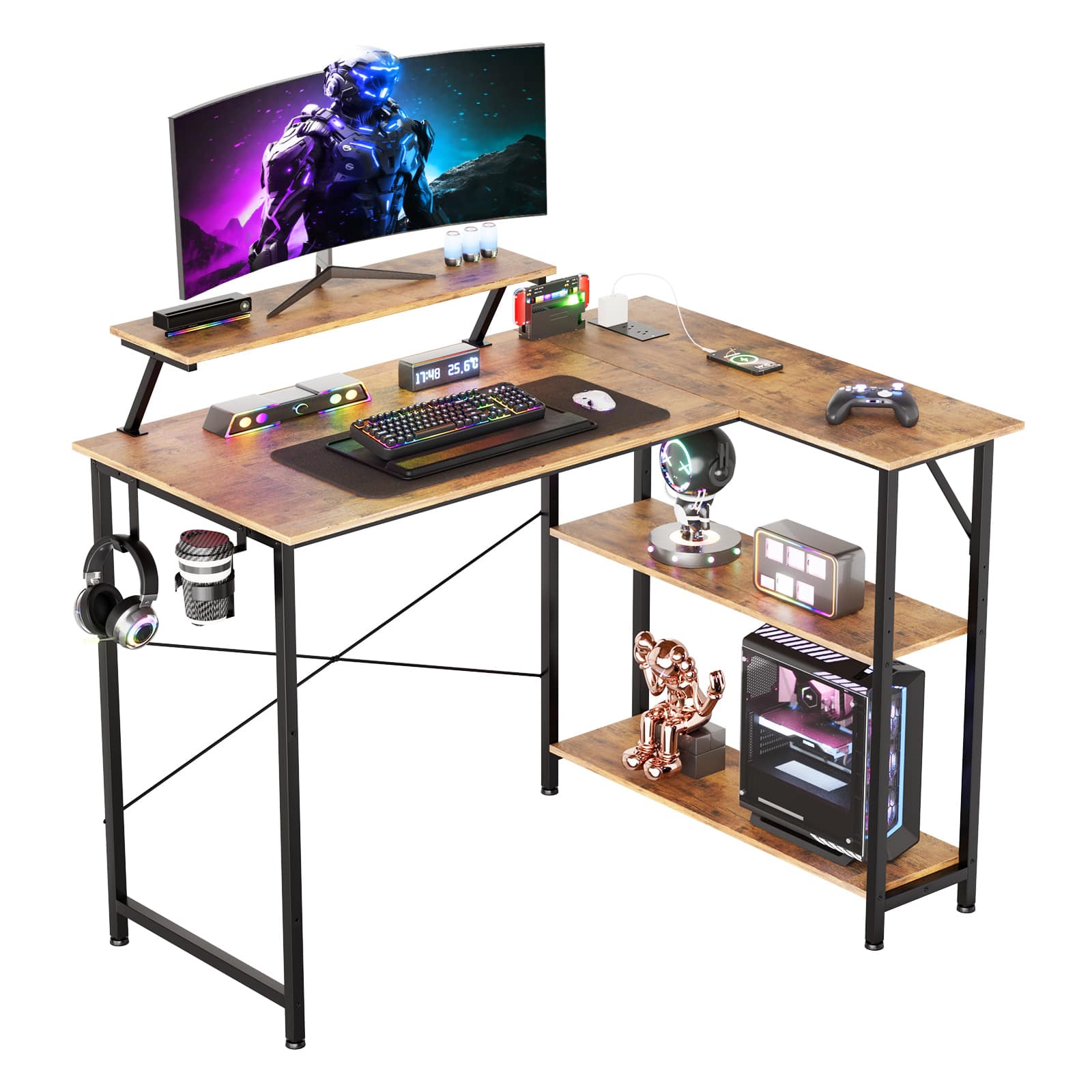 AWPLAY - L-Shaped Gaming Desk with Power Outlets LED Lights 42" Wide Reversible Computer Desk - Wood