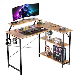 AWPLAY - L-Shaped Gaming Desk with Power Outlets LED Lights 42" Wide Reversible Computer Desk - Wood