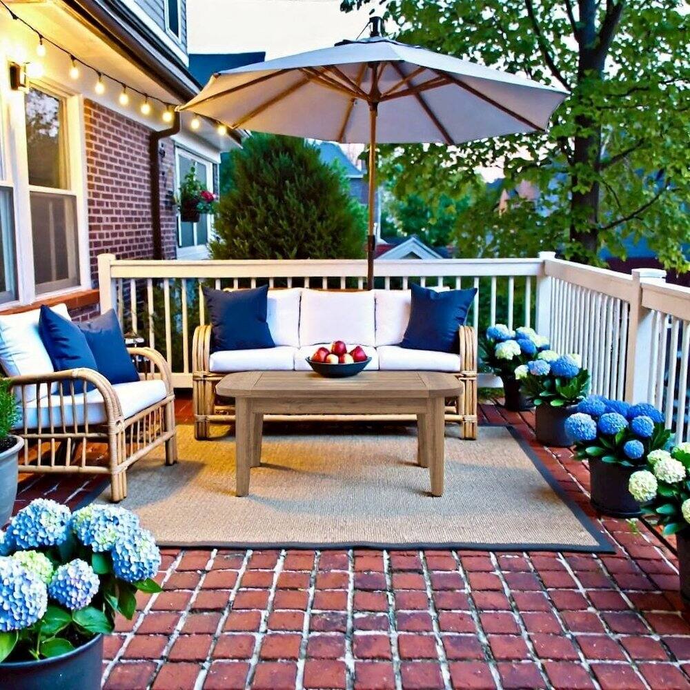Angle. Outdoor Escape - Brown Wood Outdoor Coffee Table, Patio Coffee Tables for Outside Use - Natural.