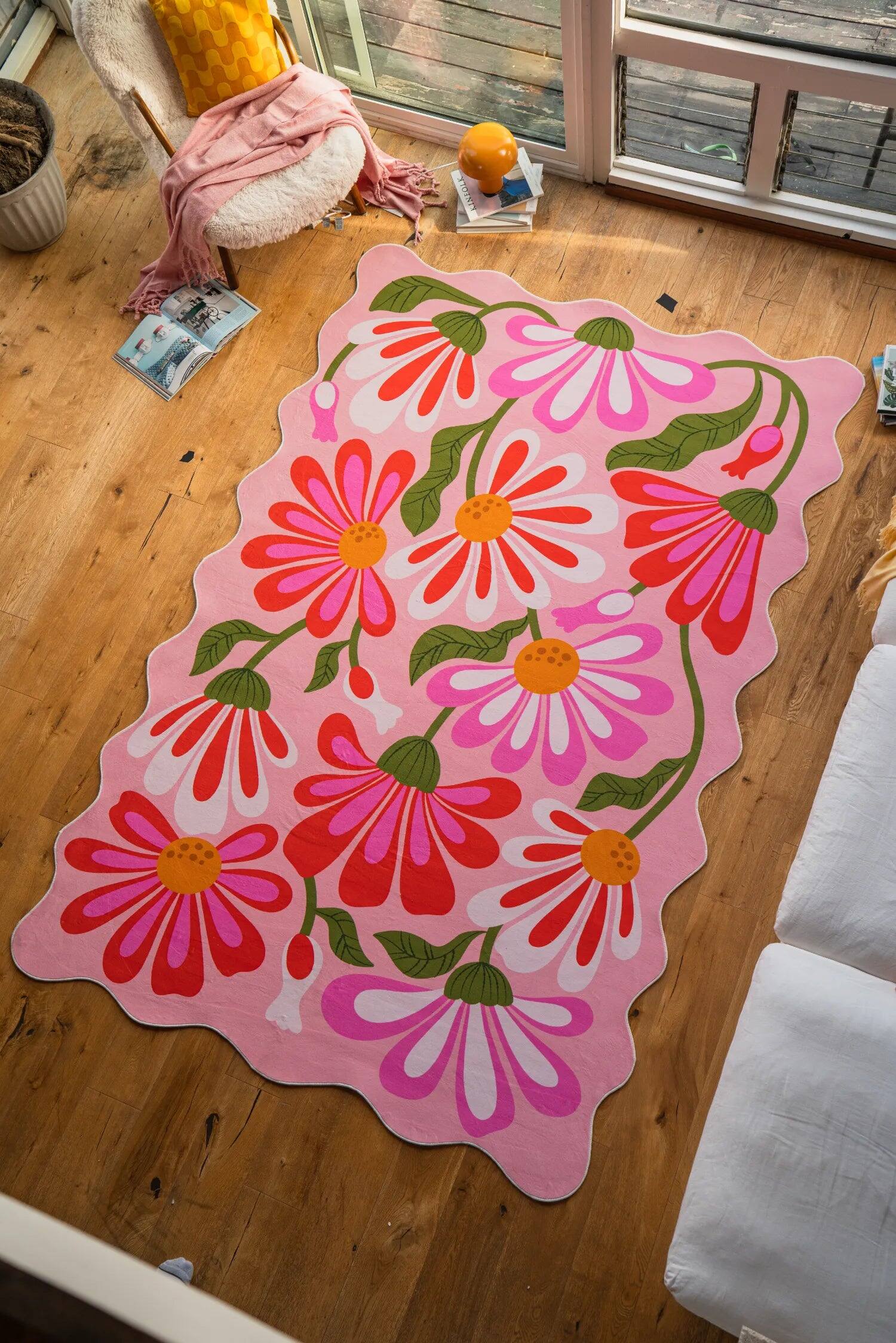 Angle. Lanyspace - 7'x10' Area Rug, Washable Rugs, Non-Slip and Tear-Resistant Soft Carpet, Pink Base Pink Floral Wavy Rug for Home Decor - Multicolor.