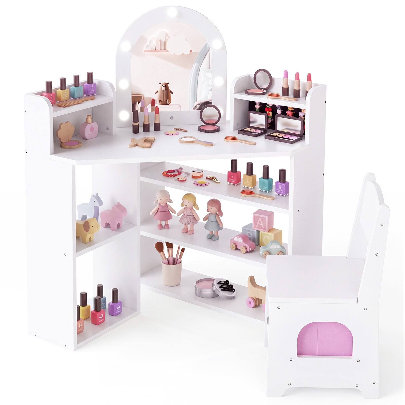 Alt View 1. Costway - Costway Corner Kids Vanity with Lights, 3 Storage Shelves, 5 Open Compartments, Accessories - White.