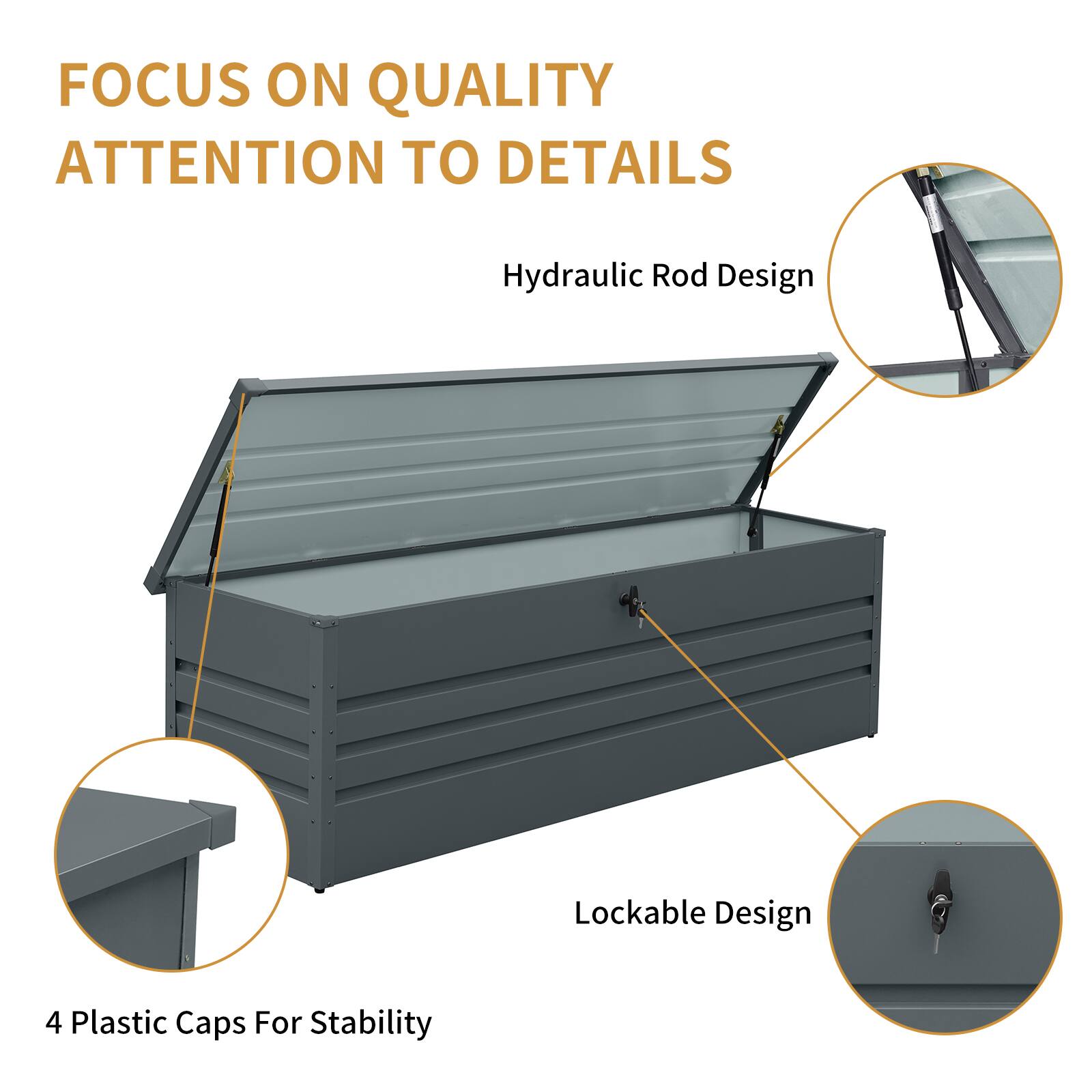 FOCUS ON QUALITY  
ATTENTION TO DETAILS

- Hydraulic Rod Design
- Lockable Design
- 4 Plastic Caps For Stability