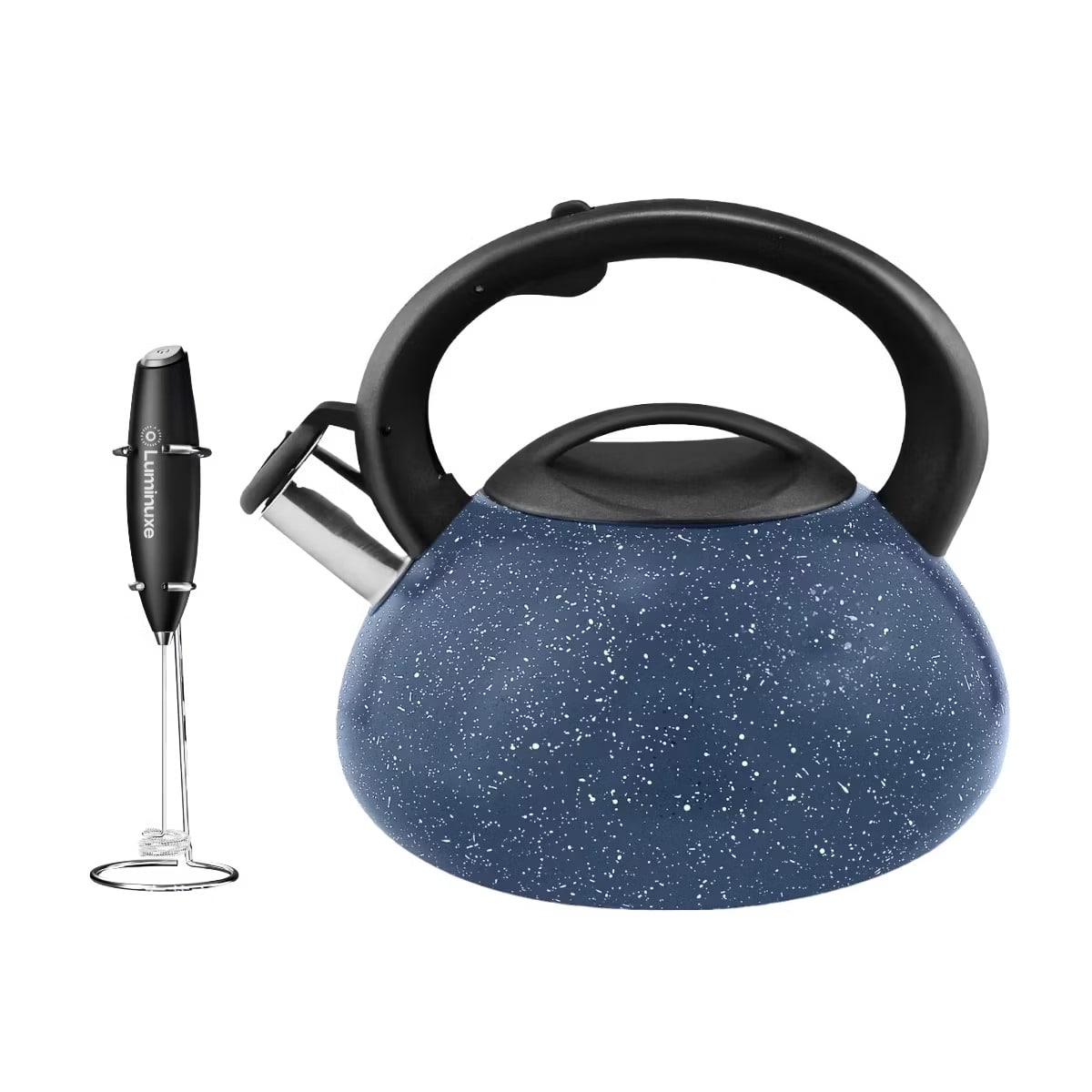 Luminuxe - Whistling Tea Kettle & Milk Frother Set, 2.4qt Stainless Steel Whistling Tea Kettle & Handheld Frother, Foam Maker - Marble Blue