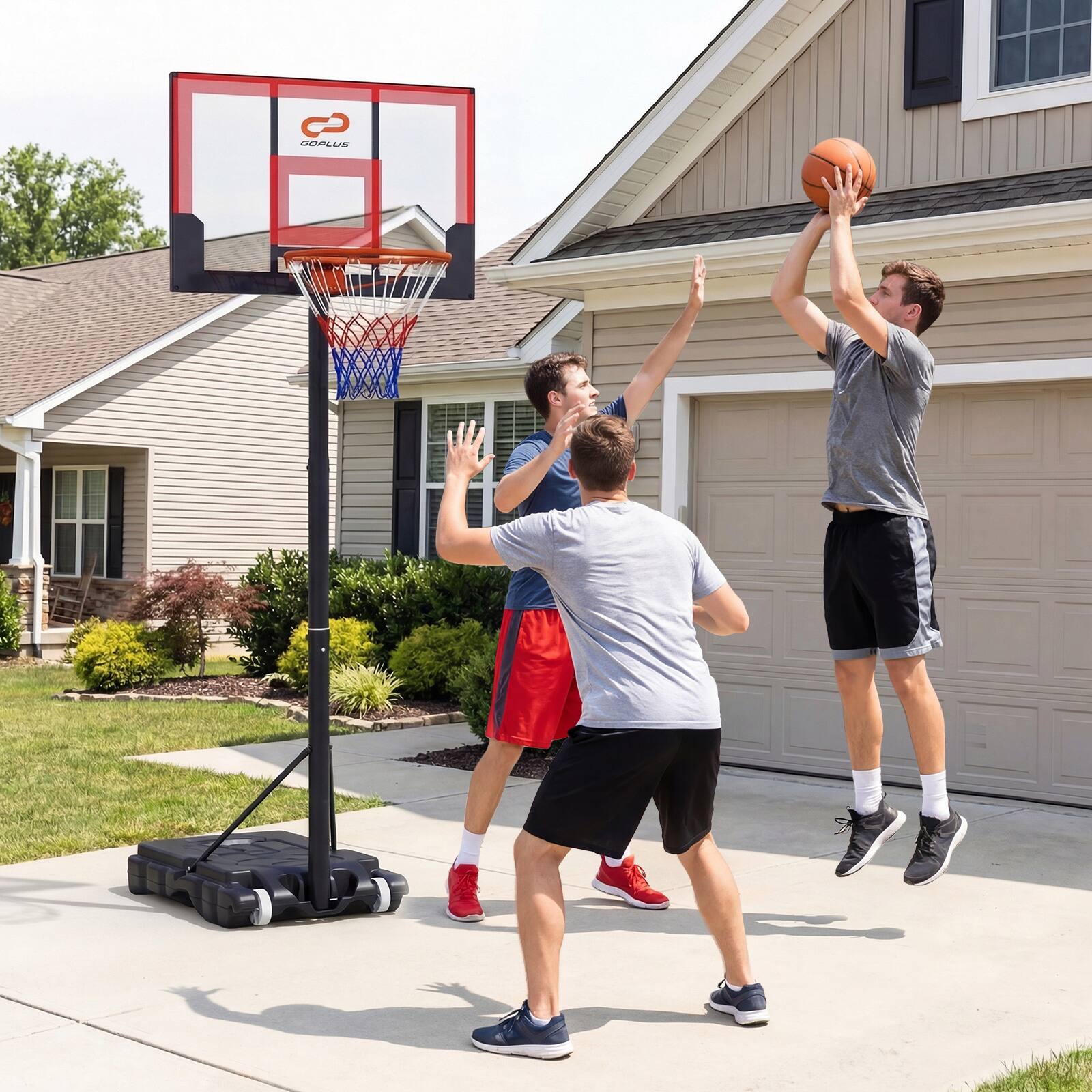 Alt View 3. Costway - Goplus 3.3-7 FT Kids Basketball Hoop Outdoor with Shatterproof PC Backboard, Fillable Base - Black & Red.