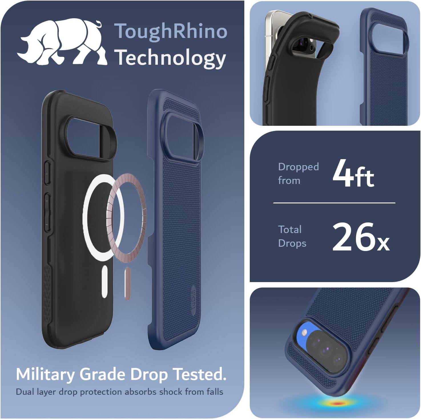 ToughRhino Technology

Dropped from 4ft  
Total Drops 26x

Military Grade Drop Tested.  
Dual layer drop protection absorbs shock from falls
