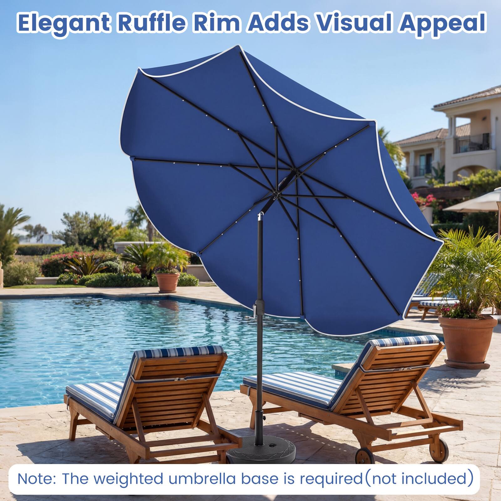 Elegant Ruffle Rim Adds Visual Appeal

Note: The weighted umbrella base is required (not included)