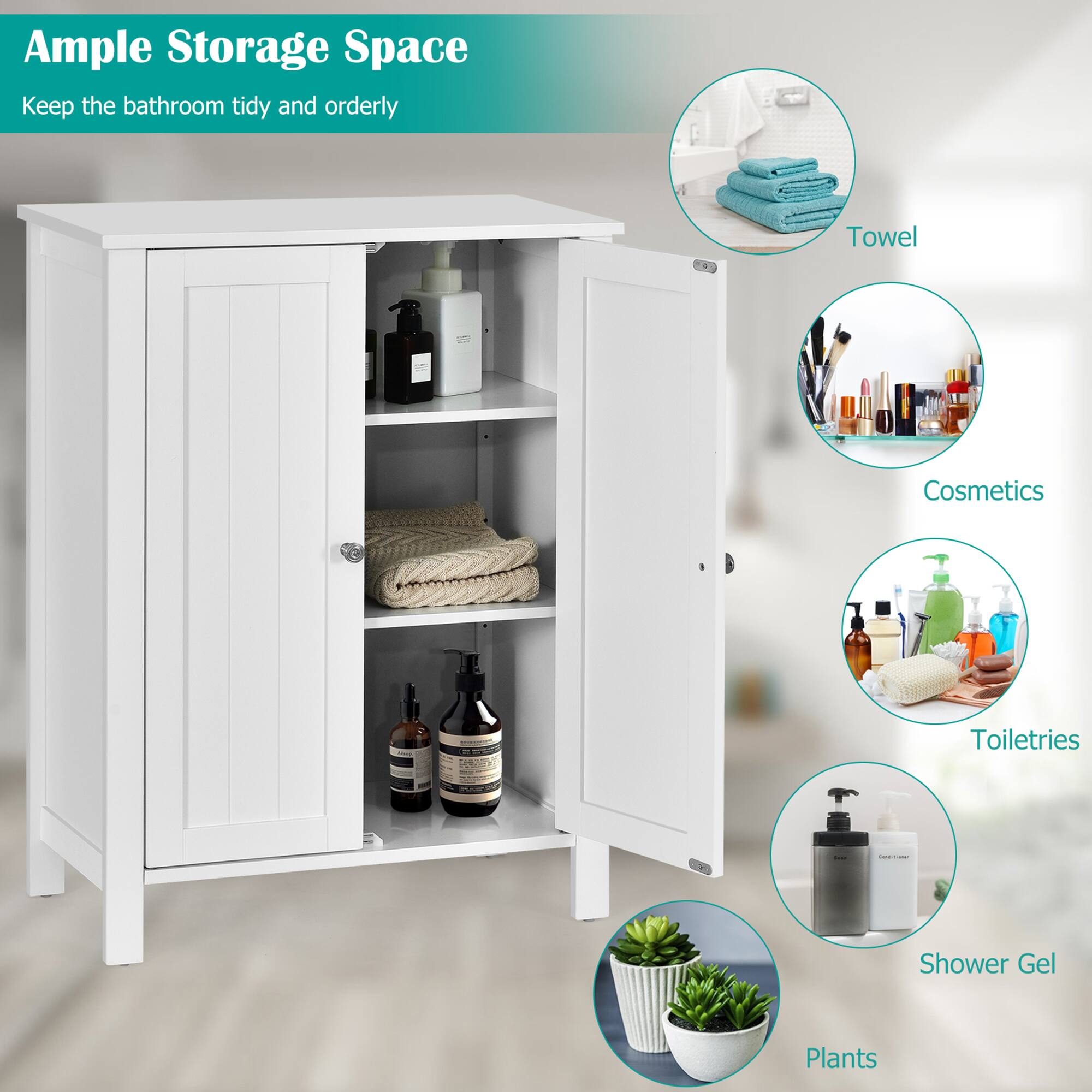 Ample Storage Space  
Keep the bathroom tidy and orderly  

- Towel  
- Cosmetics  
- Toiletries  
- Shower Gel  
- Plants