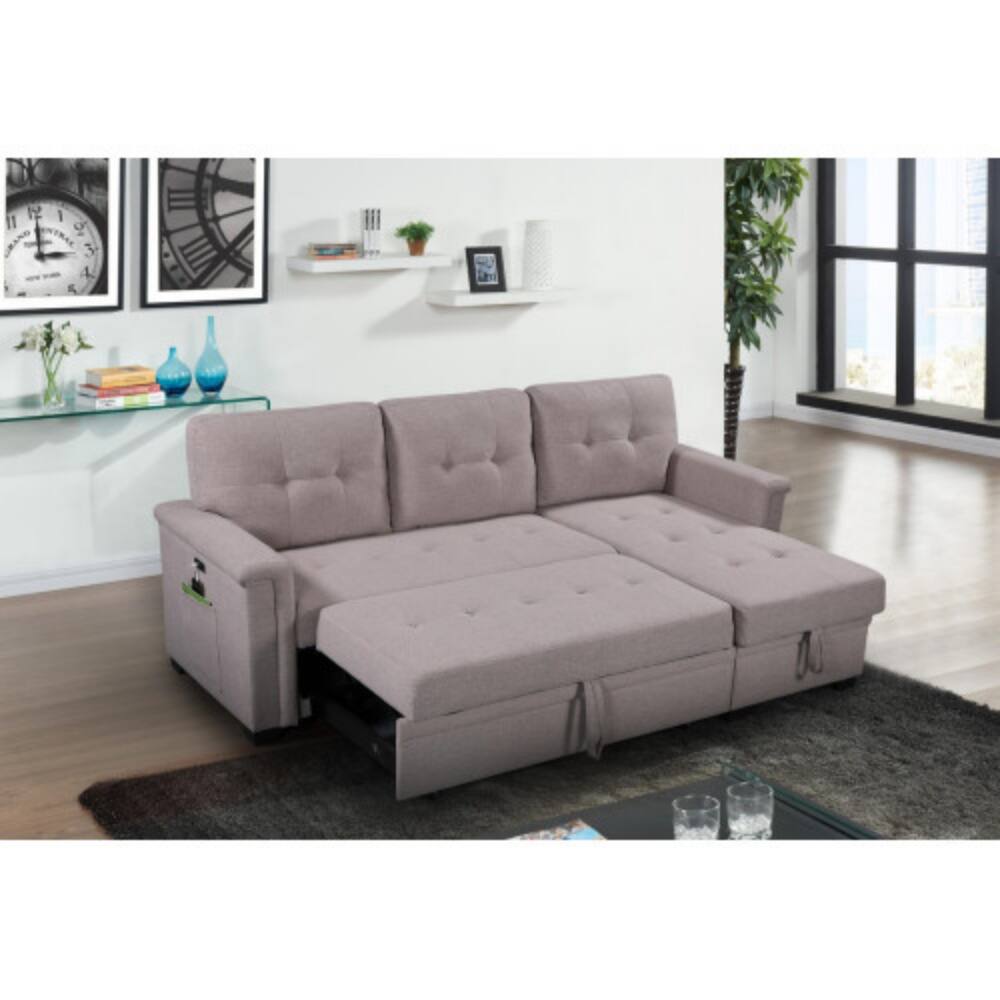 Angle. LUCKY ONE - 84" Light Gray Reversible Sleeper Sectional Sofa with Storage Chaise, USB Charging Ports, Side Pocket, Pull-Out Bed - Light Gray.