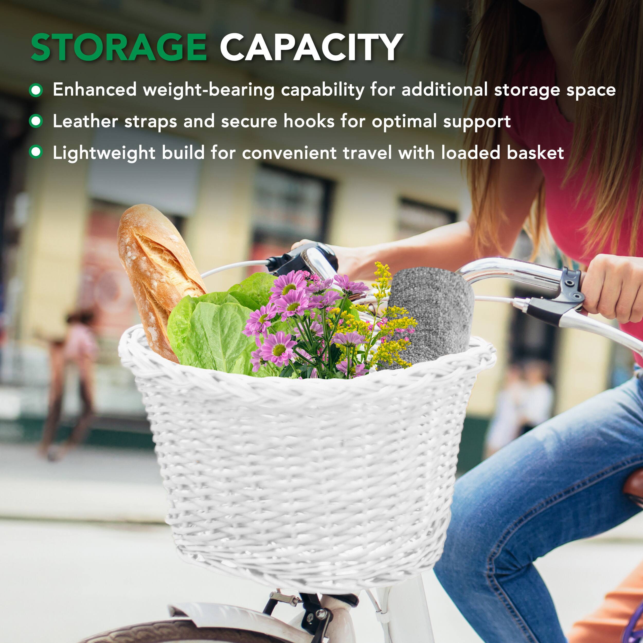 STORAGE CAPACITY

- Enhanced weight-bearing capability for additional storage space
- Leather straps and secure hooks for optimal support
- Lightweight build for convenient travel with loaded basket