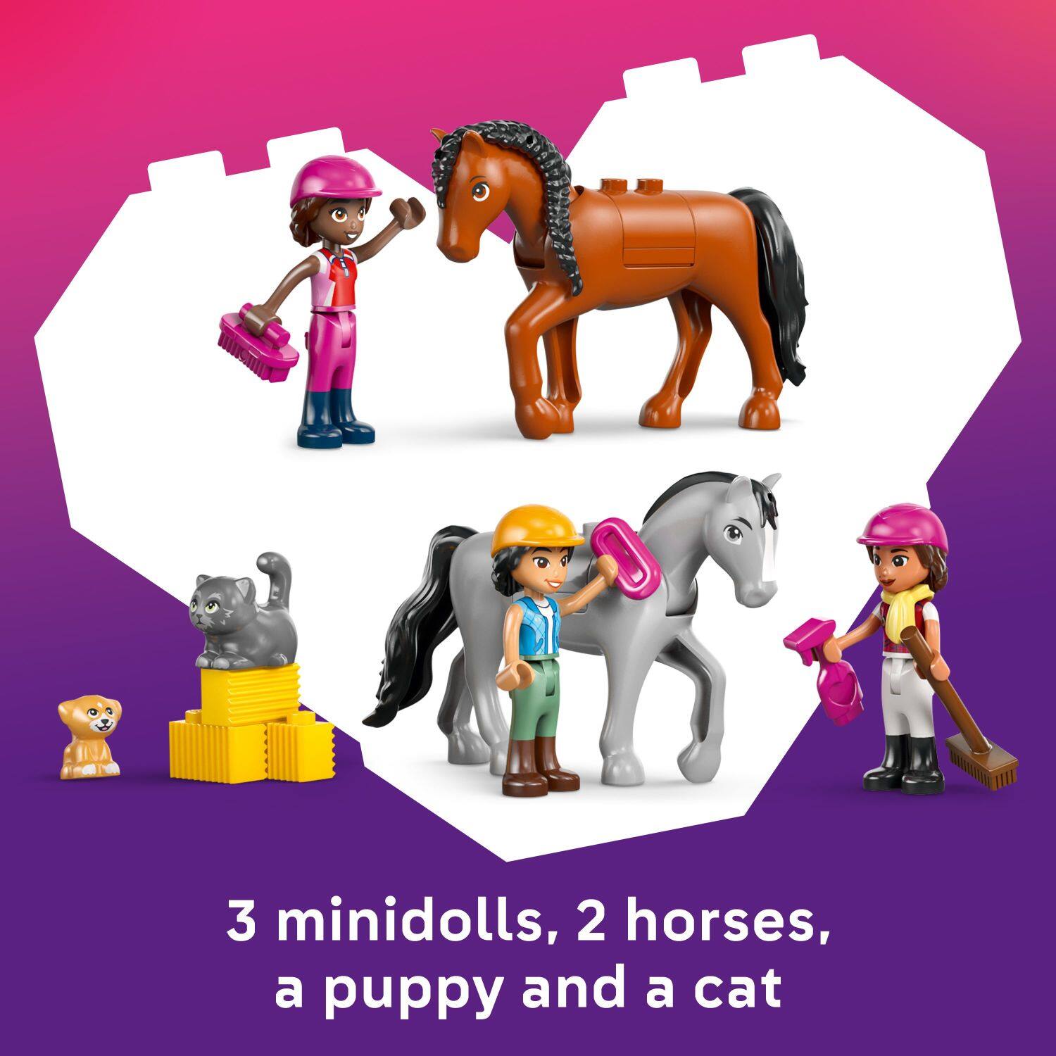 3 minidolls, 2 horses, a puppy and a cat