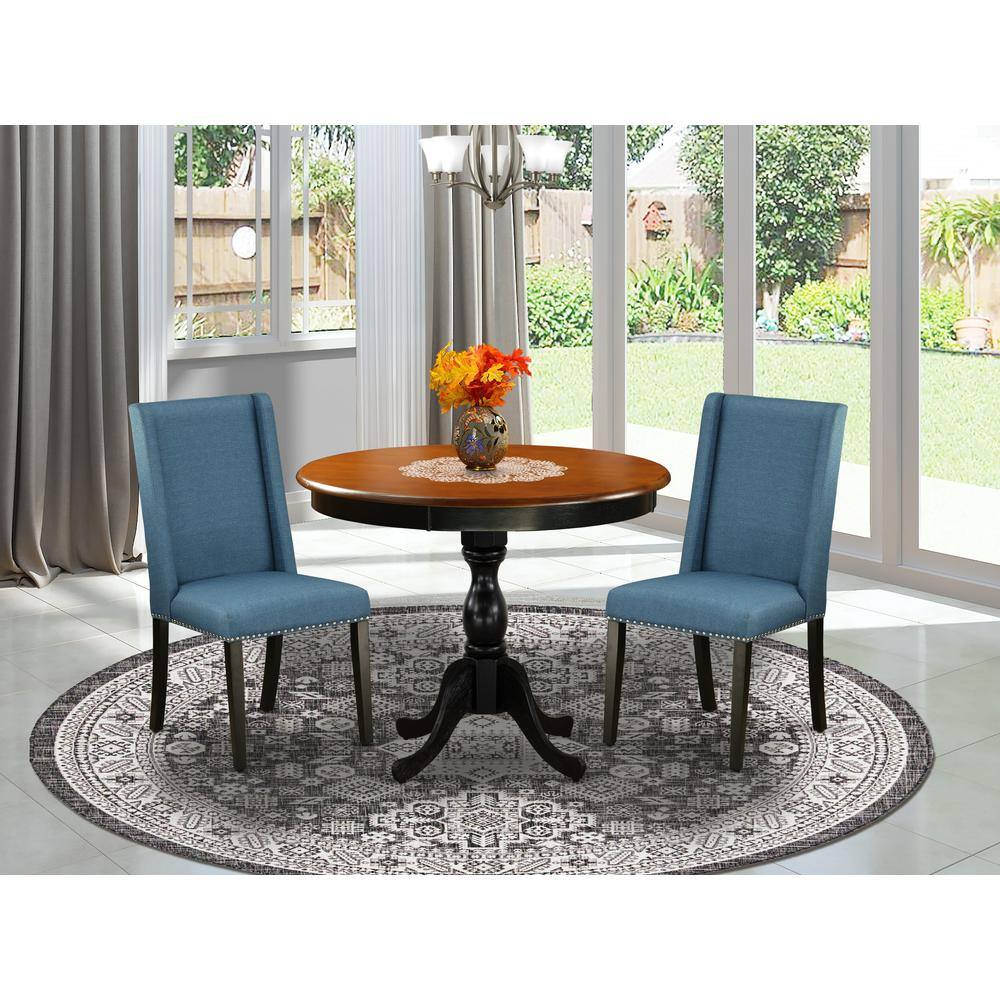 Angle. East West Furniture - East West Furniture 3-Pc Dinning Room Set Includes a Wood Kitchen Table and 2 Blue Linen Fabric Dinning Chairs with - Multi-Color.