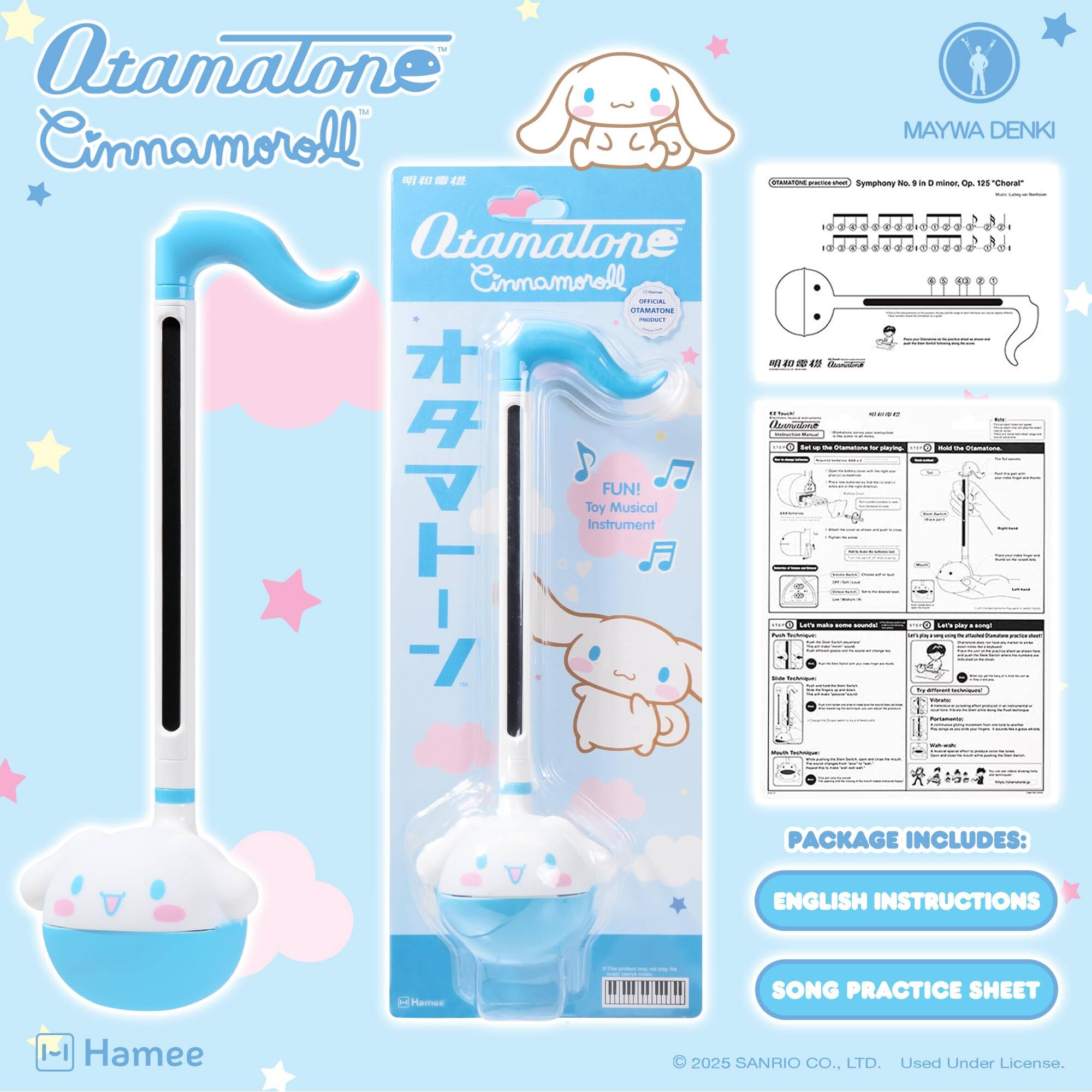 Atamalone Cinnamoroll MAYWA DENKI!  
2 - 42 NTARATINA - Symphony - . in . mines op TI5 Esaa . a d - - - - - - - - T E - - - . - Atamalone o - o d - T 2 o T u - a d Cimmamoroll 3 C AMATINE - N0 t - 48 | Ta - - - - - - - FUN!  
Toy Musical Instrument - mke sar - - PACKAGE INCLUDES: ENGLISH INSTRUCTIONS Hamee SONG PRACTICE SHEET -|  
Hamee 2025 SANRIO CO., LTD. Used Under License.