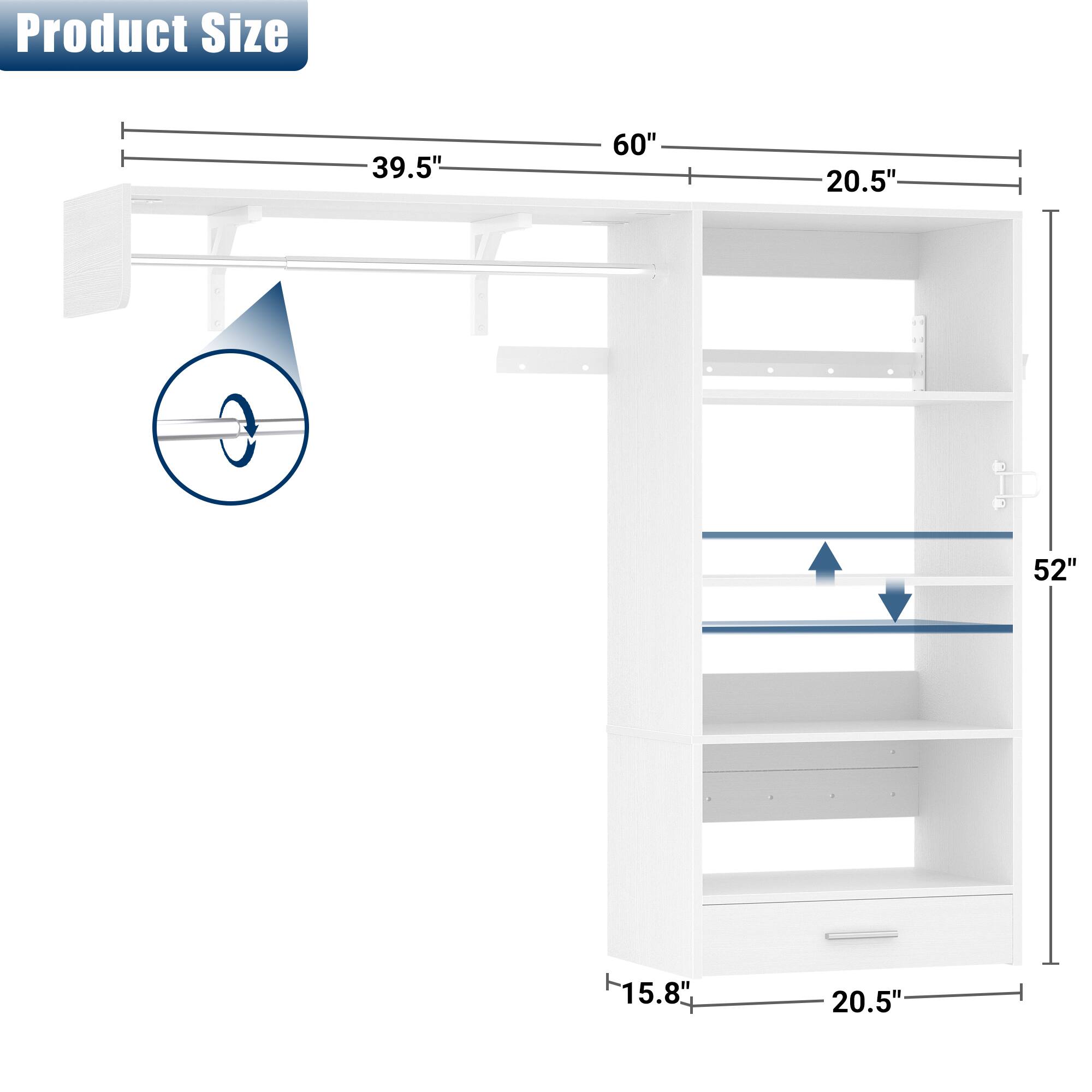 Product Size

- Width: 60"
- Depth: 20.5"
- Height: 52"
- Top Shelf Width: 39.5"
- Bottom Shelf Width: 20.5"
- Drawer Width: 15.8"