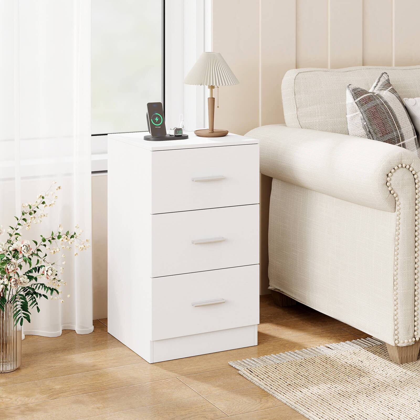 Alt View 1. Costway - Costway 2 PCS Nightstand with Charging Station, 3 Storage Drawers, Bedside Table for Bedroom - White.