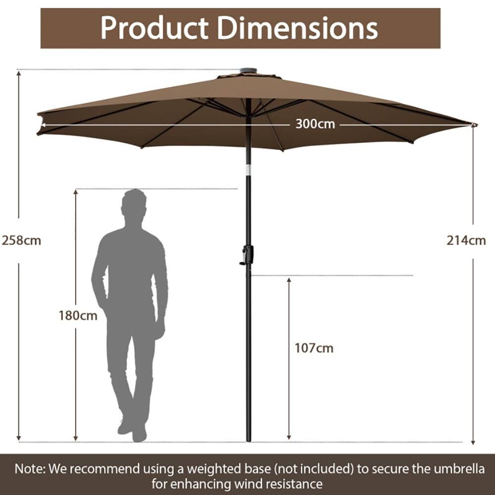 Product Dimensions: 300cm, 258cm, 214cm, 180cm, 107cm

Note: We recommend using a weighted base (not included) to secure the umbrella for enhancing wind resistance.