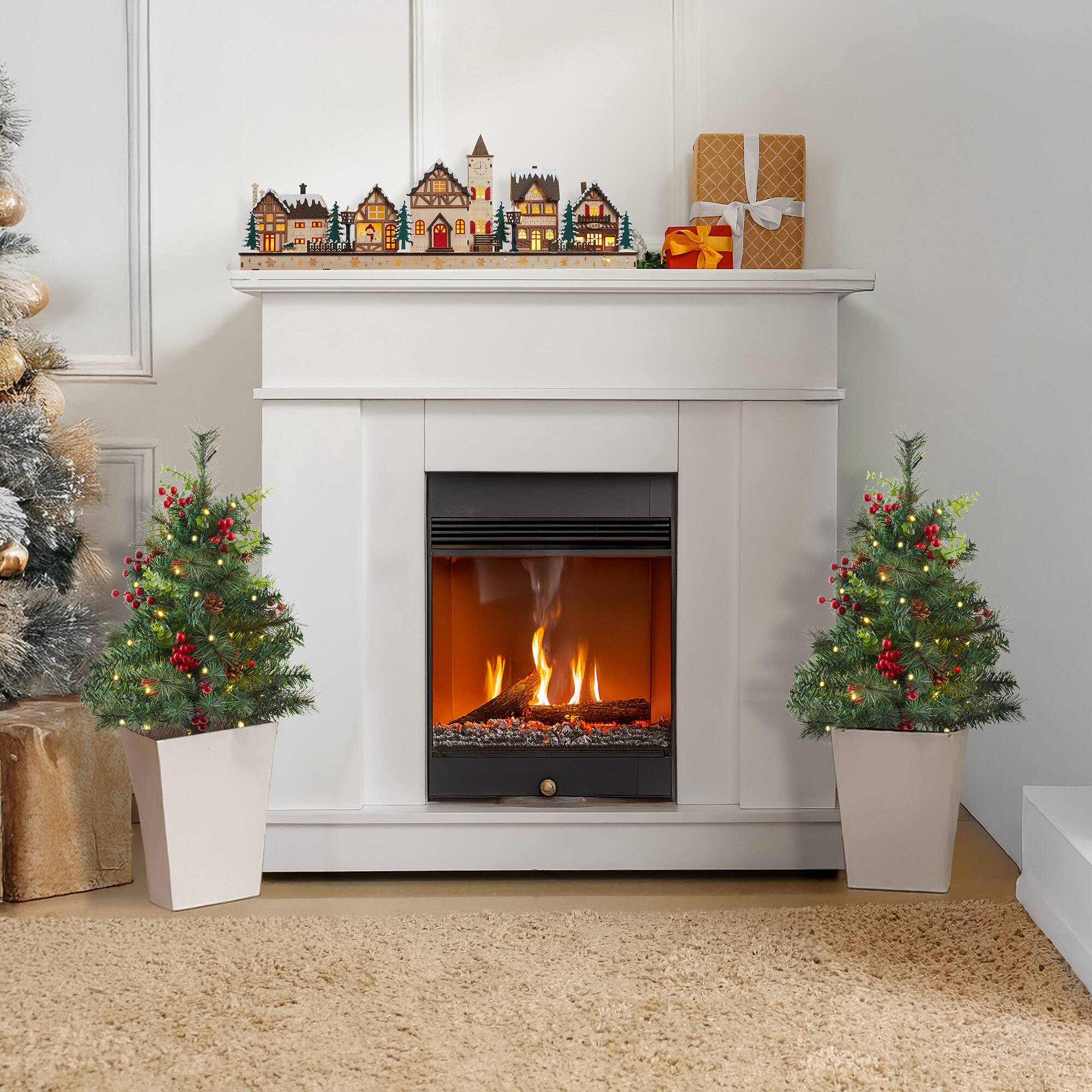 Alt View 3. Casafield - 2 - 24in Outdoor Pathway Christmas Trees with LED Lights - Green / Red.