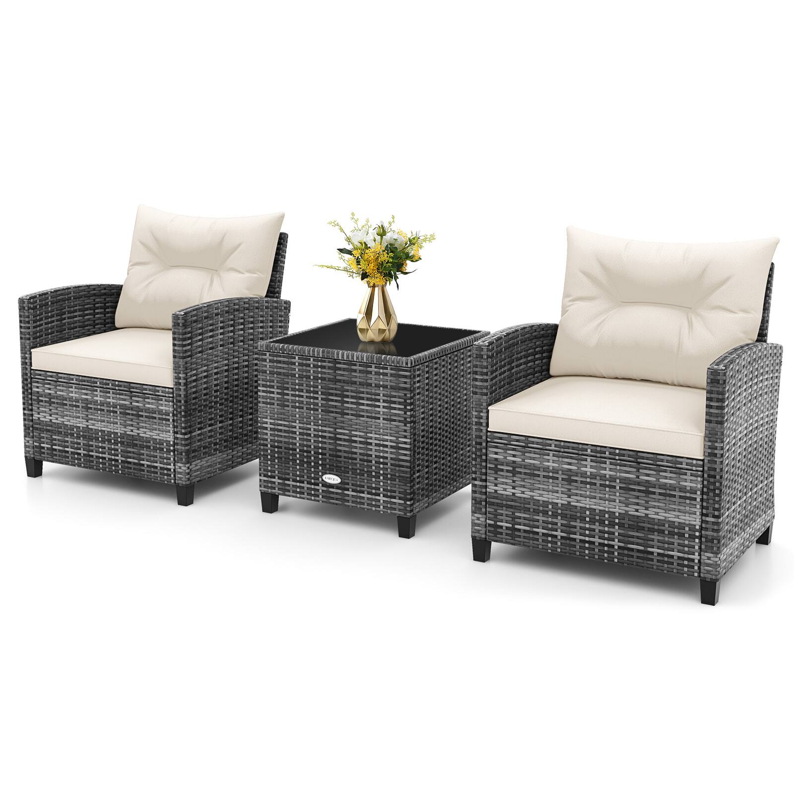 Alt View 9. Gymax - Gymax 3PCS Patio Rattan Furniture Bistro Set Cushioned Sofas Side Table Armrest - Beige.