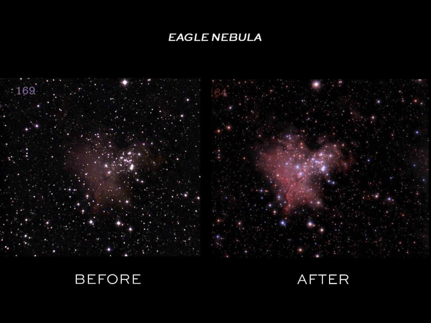 The text on the image reads: "Eagle Nebula 169.64 Before After."