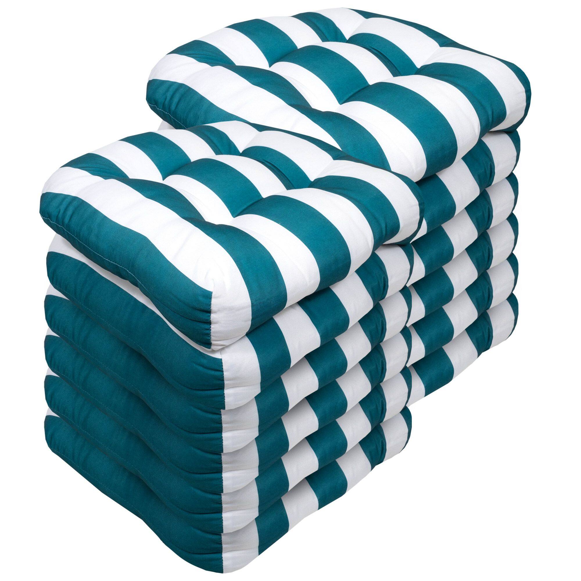 Angle. Sweet Home Collection - Havana Stripe Patio Cushions Indoor/Outdoor Tufted 19" x 19", 12-Pack - Peacock/White.