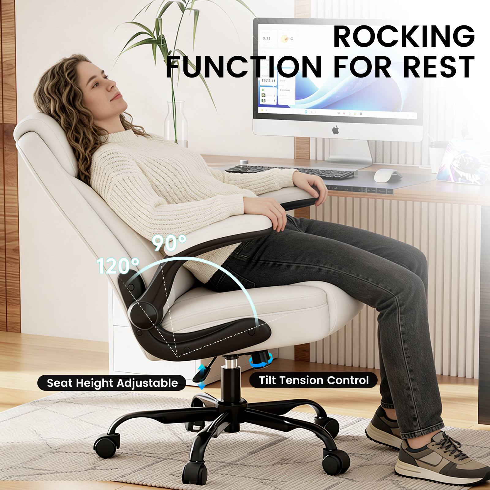 - Rocking Function for Rest
- 4 - 90° 120° Seat Height Adjustable
- Tilt Tension Control