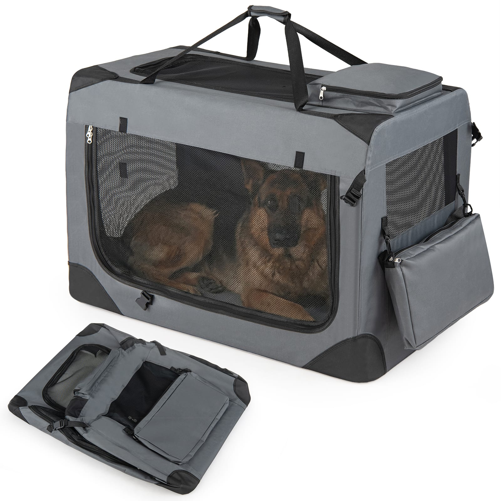 Gymax - 36'' Collapsible Soft Dog CratePortable Dog Travel Crate w/Mesh Windows 3 Doors - Gray