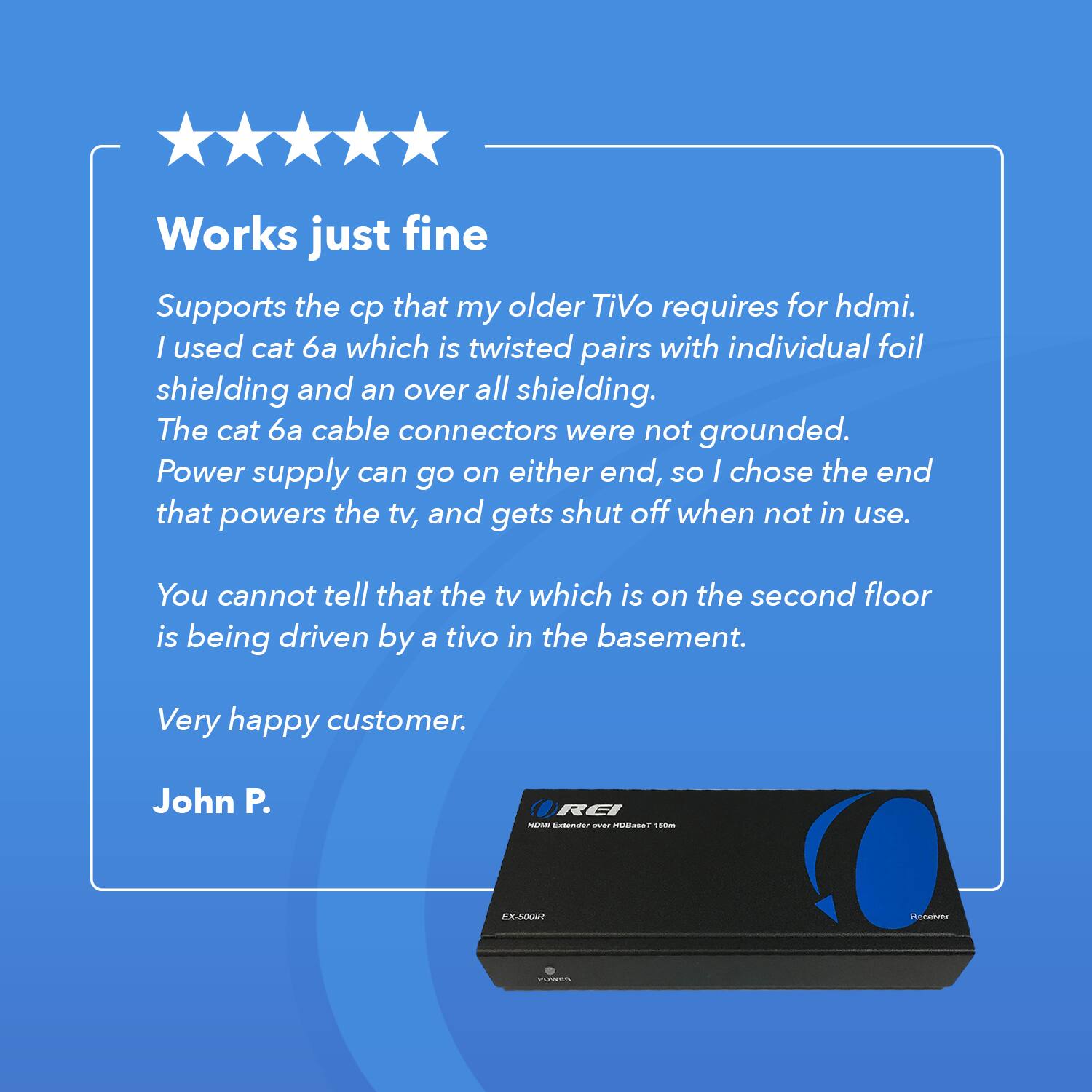 Works just fine. Supports the CP that my older TiVo requires for HDMI. I used Cat 6a, which is twisted pairs with individual foil shielding and an overall shielding. The Cat 6a cable connectors were not grounded. Power supply can go on either end, so I chose the end that powers the TV, and gets shut off when not in use. You cannot tell that the TV, which is on the second floor, is being driven by a TiVo in the basement. Very happy customer. John P.