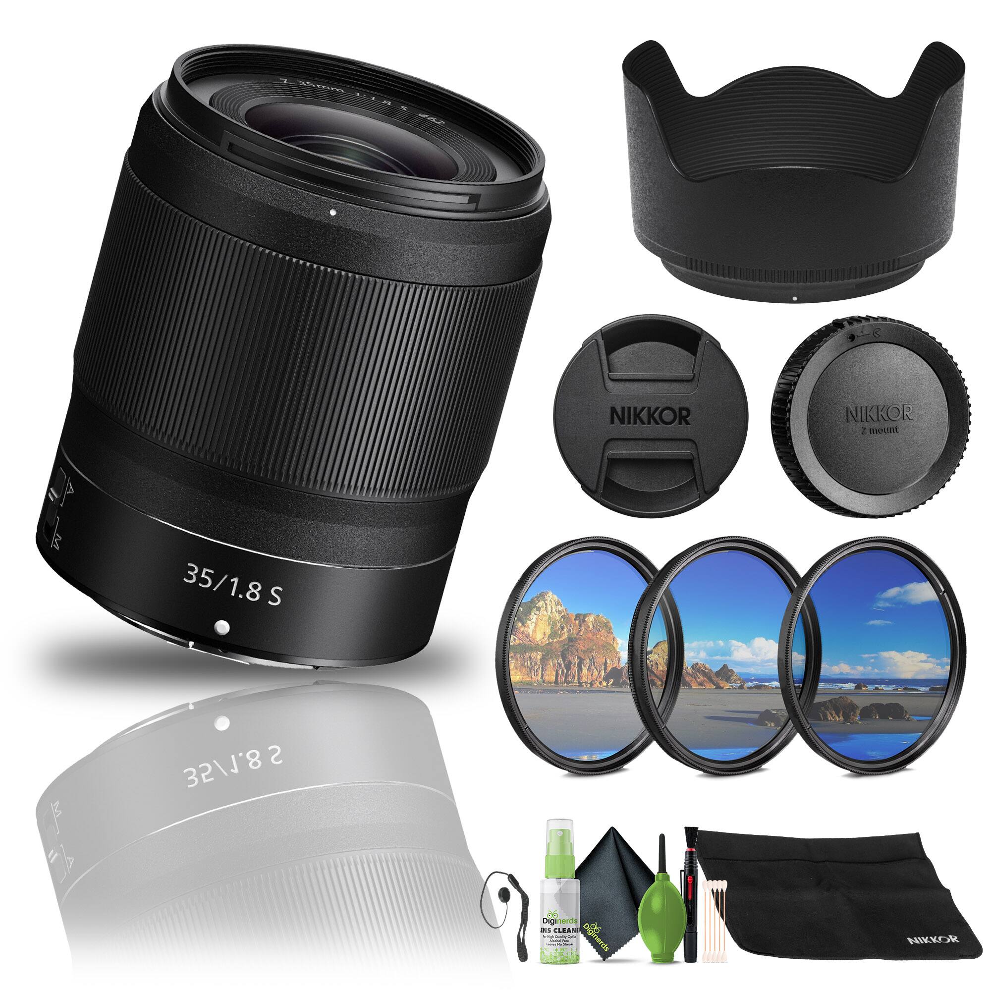 A 35/1.8 S NIKKOR Z mount lens with accessories including a lens hood, lens cap, cleaning kit, and a carrying bag.