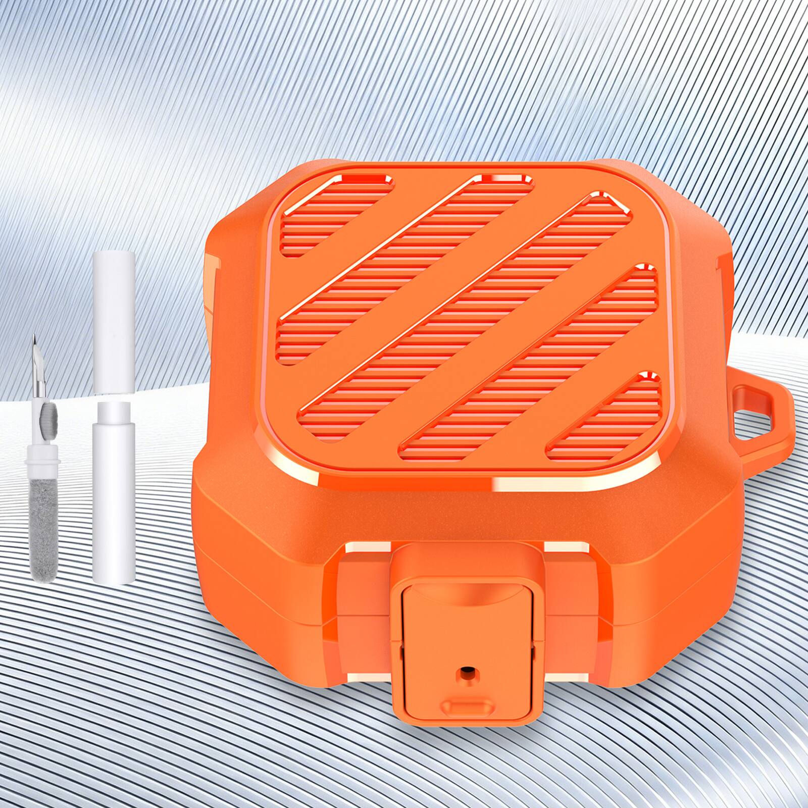 Front. Dteck - Rugged Case for Samsung Galaxy Buds 4 with Cleaning Pen, Shockproof Protective Hard Cover with Keychain Carabiner - Orange.