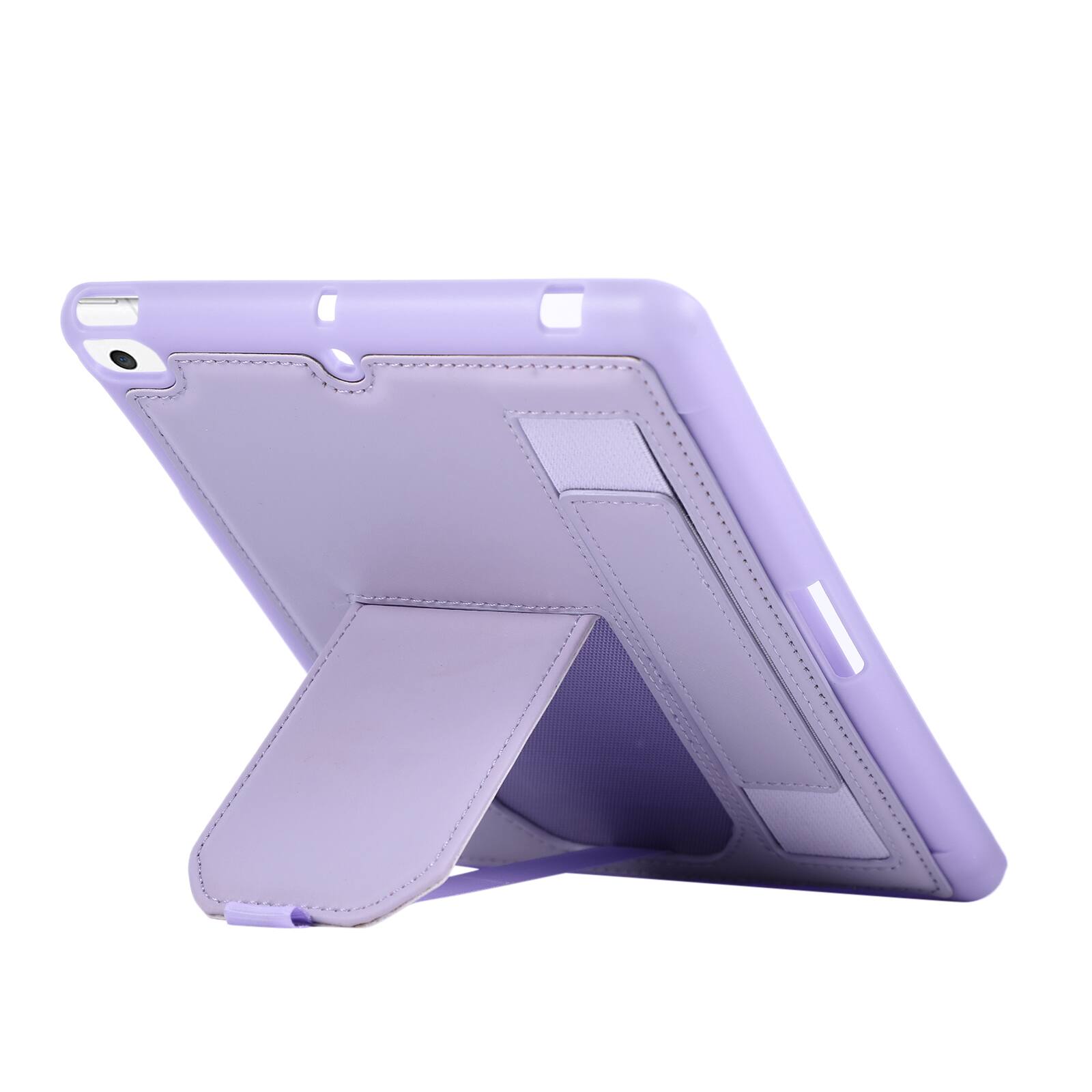 Angle. Dteck - Shockproof Case for Apple iPad mini (5th Generation) 2019 with Hand Strap and Kickstand, PU Leather TPU Protective Cover - Purple.