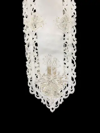 Front. Jiallo - Christmas Candle Beige Lace Embroidered Cutwork Rectangular Table Runner, 11 by 64 inch Table Linen - Beige.
