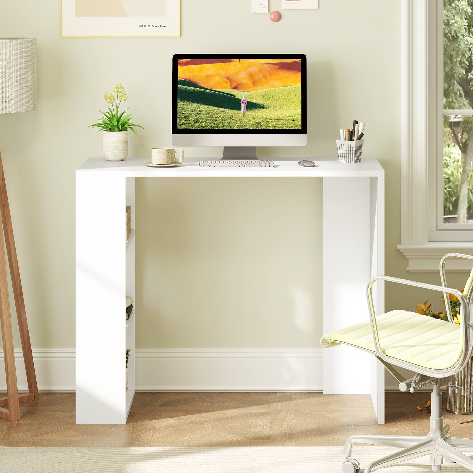 Alt View 4. Gymax - Gymax 36'' Compact Writing Desk w/ 3 Open Shelves Freestanding Anti-tipping Kit - White.