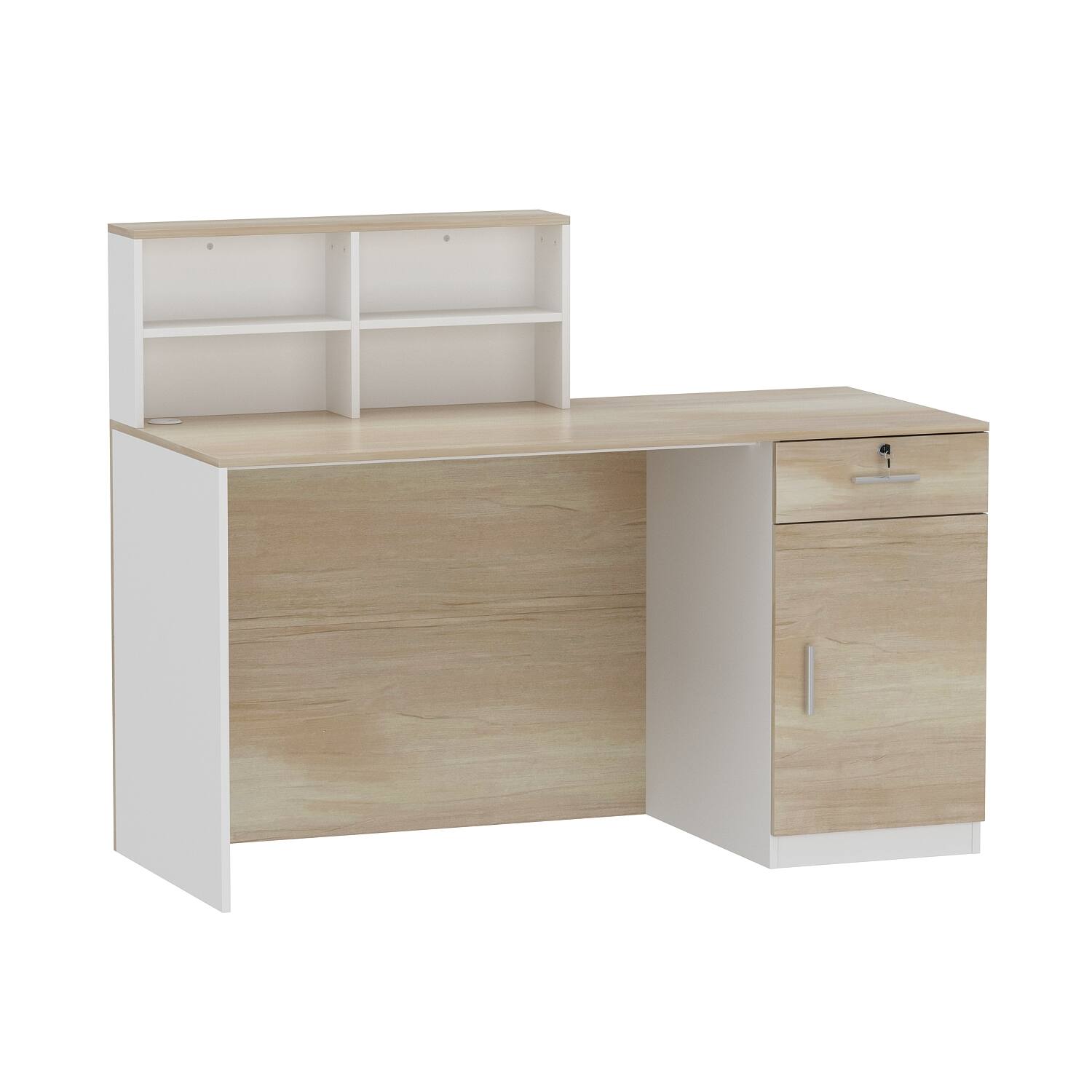 Angle. Famapy - Famapy Reception Desk: Classified Storage, Eco - Friendly & Secure Lock Design - White & Wooden.