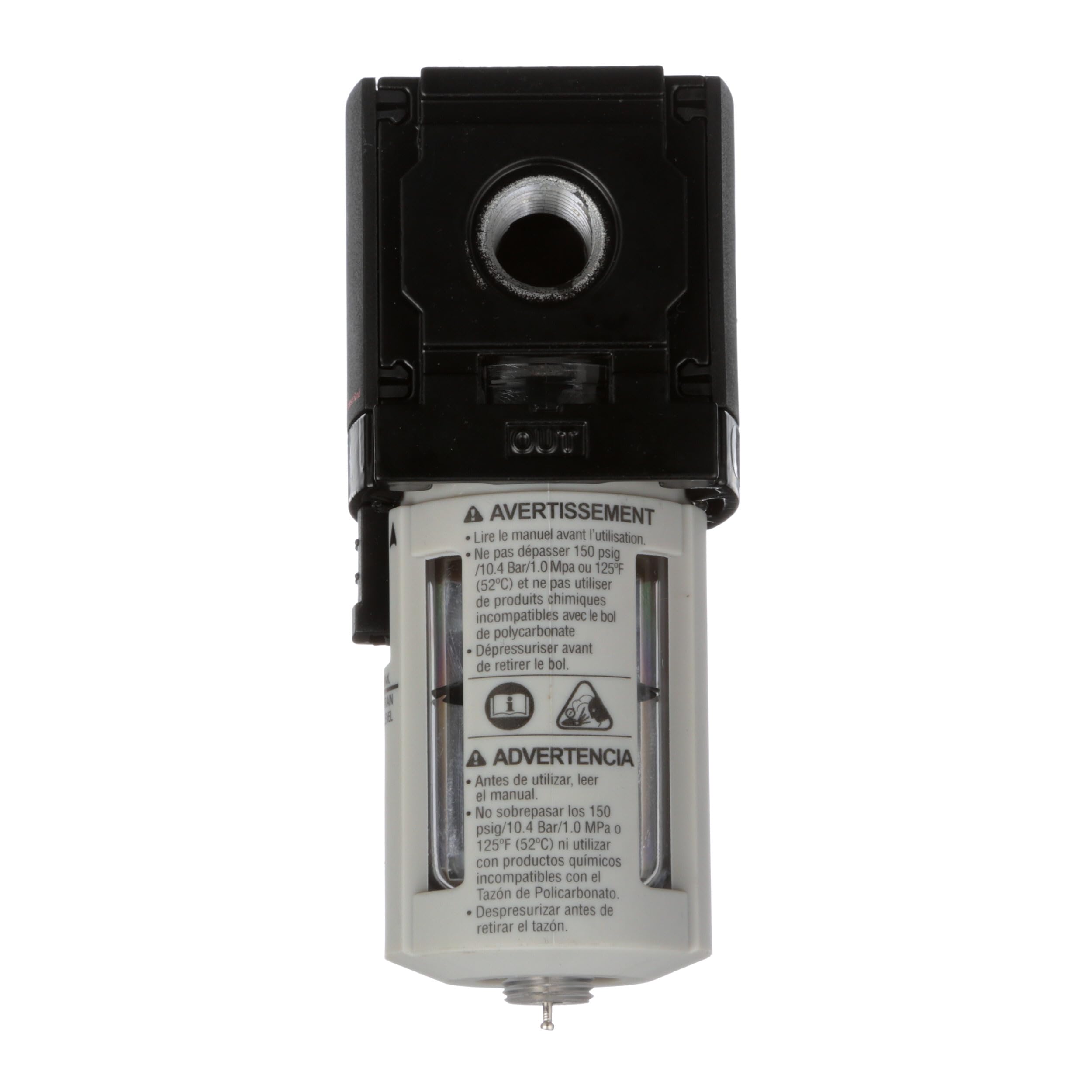 **AVERTISSEMENT**  
Lire le manuel avant l'utilisation.  
Ne pas dépasser 150 psig / 10.4 Bar / 1.0 Mpa ou 125°F (52°C) et ne pas utiliser de produits chimiques incompatibles avec le bol de polycarbonate. Dépressuriser avant de retirer le bol.

**ADVERTENCIA**  
Antes de utilizar, leer el manual.  
No sobrepasar los 150 psig / 10.4 Bar / 1.0 Mpa o 125°F (52°C) ni utilizar con productos químicos incompatibles con el tazón de policarbonato. Despresurizar antes de retirar el tazón.