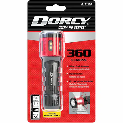 LED DORCY ULTRA HD SERIES
360 LUMENS
Military Grade Aluminum
Aluminium de qualité militaire
Impact Resistant
Résistance aux impacts
Hi / Low Spot and Area Modes
Modes fort / faible point lumineux et éclairage de zone
360 LUMENS
STANDARD
3h 30min
FL 90m
1m
CHINA
TRY ME!
ESSAYEZ MOI!
Twist Activated Area Light
Lampe à rayonnement active par rotation