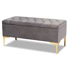 Baxton Studio - Valere Glam and Luxe Velvet Fabric Upholstered Gold Finished Button Tufted Storage Ottoman - Grey/Gold