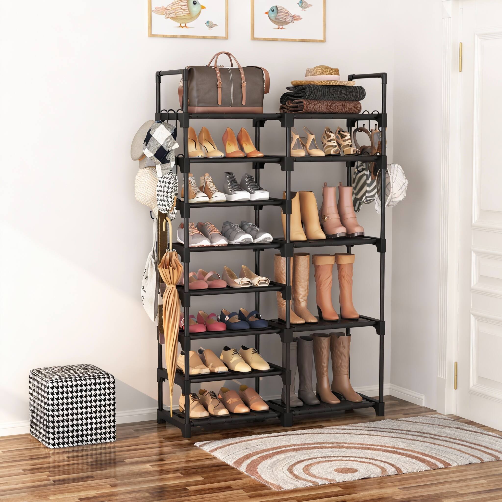 Alt View 1. Frangdom - 8-Tier Metal Shoe Rack with Hooks Stackable Boot Storage Shelf - BLACK.