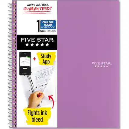 LASTS ALL YEAR. GUARANTEED!*
COLLEGE RULED 1 SUBJECT NOTEBOOK | 100 SHEETS
FIVE STAR
Study App
Fights ink bleed