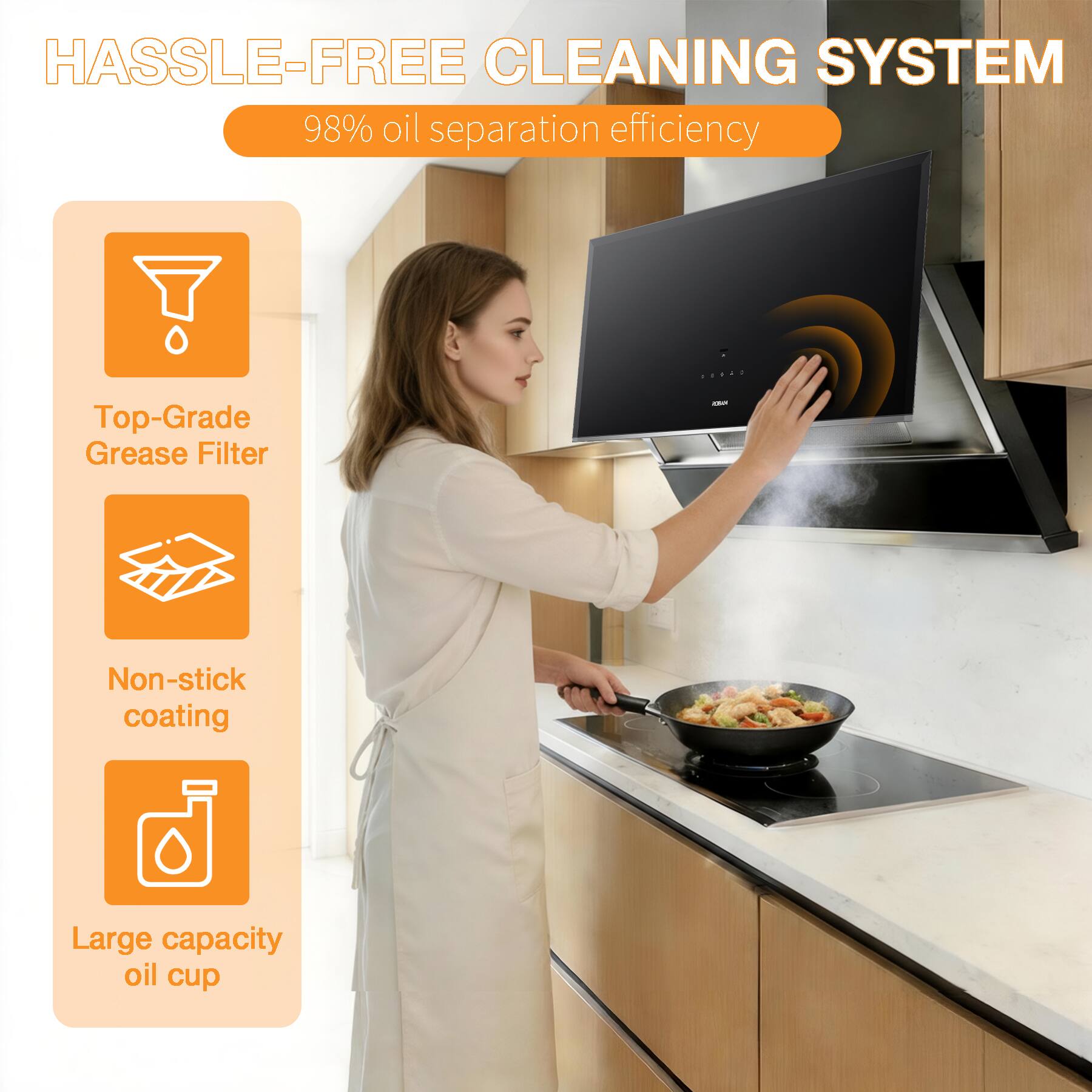 HASSLE-FREE CLEANING SYSTEM  
98% oil separation efficiency

Top-Grade Grease Filter

Non-stick coating

Large capacity oil cup