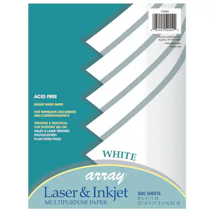 52004 a 84001
52004 a
PACON CORPORATION
Appleton, WI 54913-8865
www.pacon.com
Made in USA
ACID FREE
BRIGHT WHITE PAPER
FOR IMPRESSIVE DOCUMENTS AND CORRESPONDENCE
VERSATILE & PRACTICAL FOR EVERYDAY USE ON:
INKJET & LASER PRINTERS
PHOTOCOPIERS
PLAIN PAPER FAXES
WHITE
array
Laser & Inkjet
MULTIPURPOSE PAPER
500 SHEETS
8½ X 11 IN
(21.6 X 27.9 cm) 20 LB
152004
0 84001 52004 0