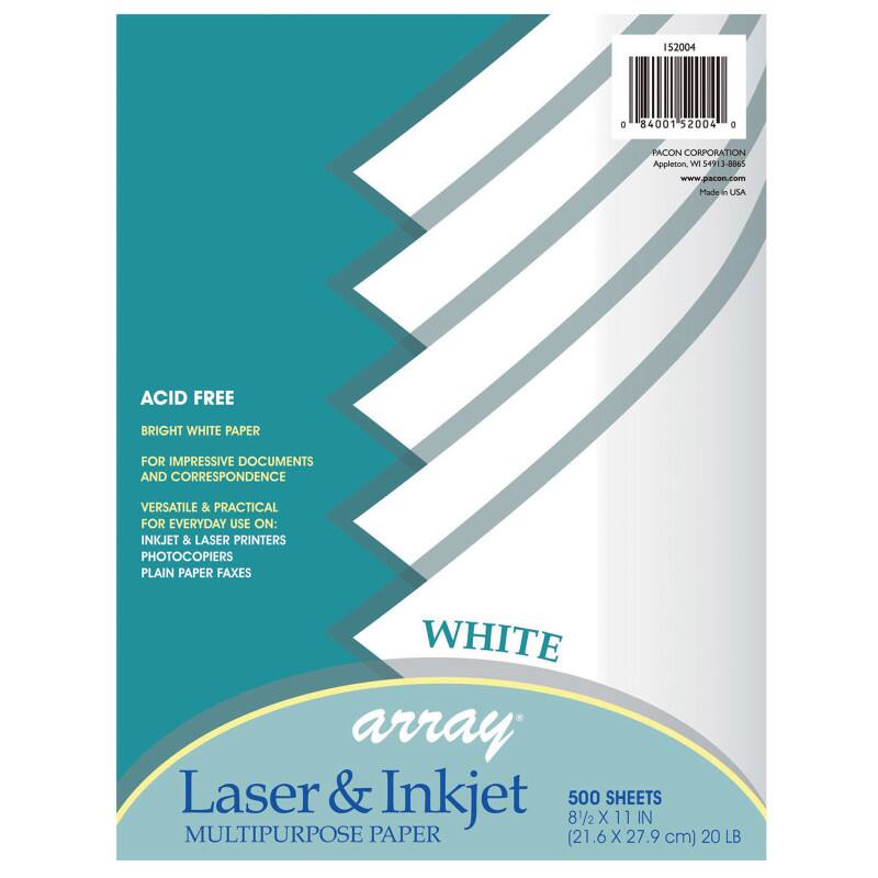 52004 a 84001  
52004 a  
PACON CORPORATION  
Appleton, WI 54913-8865  
www.pacon.com  
Made in USA  

ACID FREE  
BRIGHT WHITE PAPER  
FOR IMPRESSIVE DOCUMENTS AND CORRESPONDENCE  
VERSATILE & PRACTICAL FOR EVERYDAY USE ON:  
INKJET & LASER PRINTERS  
PHOTOCOPIERS  
PLAIN PAPER FAXES  

WHITE  
array  
Laser & Inkjet  
MULTIPURPOSE PAPER  

500 SHEETS  
8½ X 11 IN  
(21.6 X 27.9 cm) 20 LB  

152004  
0 84001 52004 0