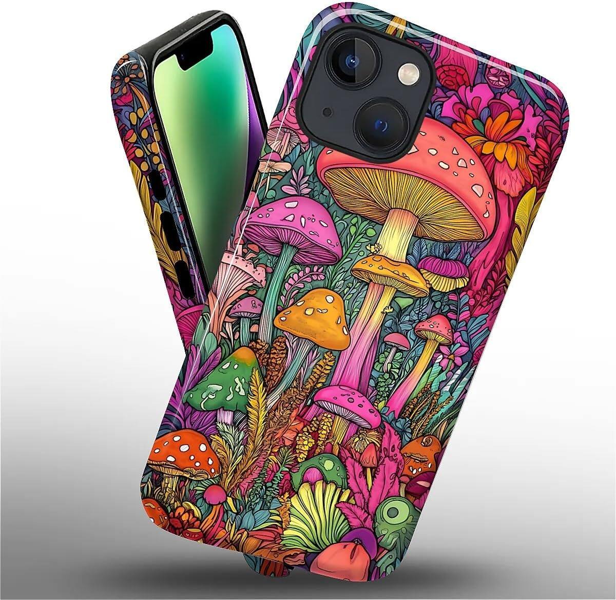 Alt View 2. Wikistore - Case for iPhone 14 Plus - Hybrid 2-Layer Durable Smartphone Protection Case - Psychedelic Mushrooms.